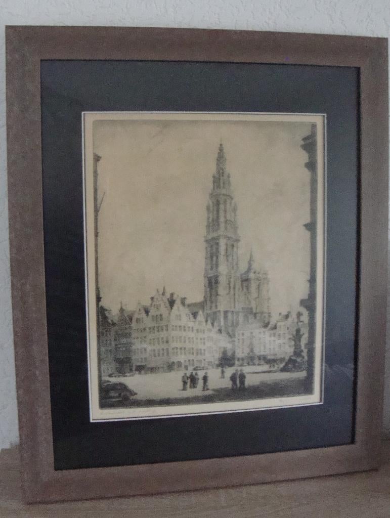 Romain Malfiet kathedraal te Antwerpen - nieuw ingelijst, Ingelijst, Ets, Stadsgezicht, Ophalen of Verzenden