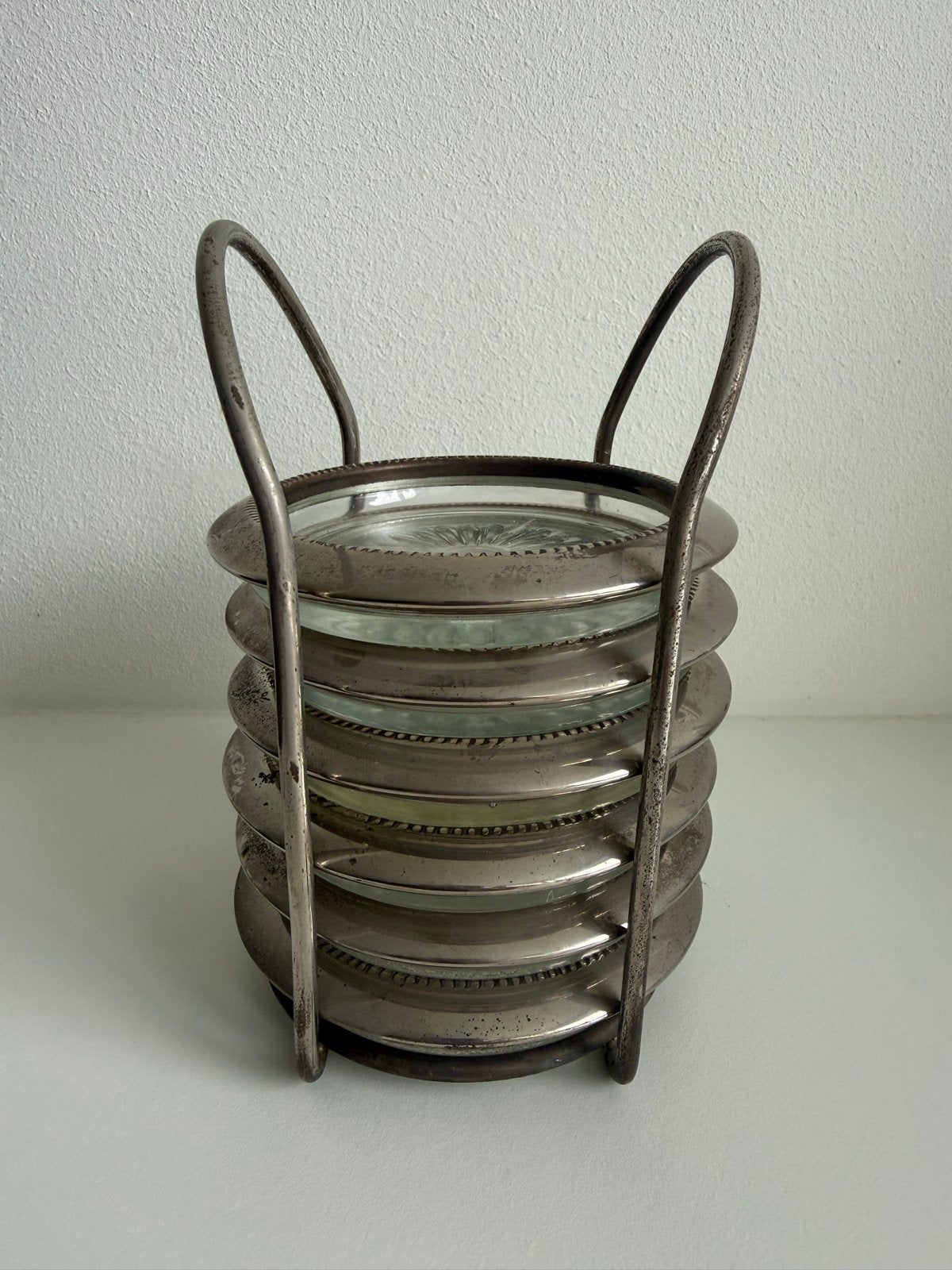 Vintage Onderzetters met Houder - Zilverkleurig en Glas, Antiek en Kunst, Antiek | Goud en Zilver, Ophalen of Verzenden, Zilver