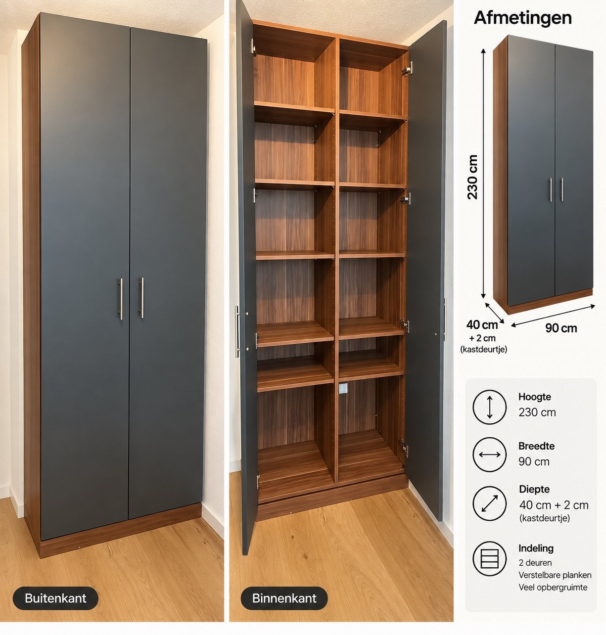 Ruime hoge kast / opbergkast – 230 cm – antraciet & houtlook, Ophalen