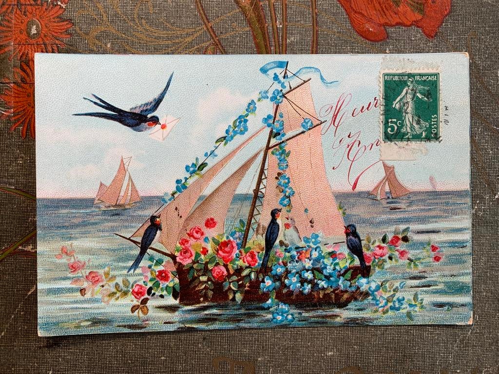 1912 Heureuse Année - vergeet-me-nietjes, zwaluw, boot (RR), Verzamelen, Ansichtkaarten | Themakaarten, Ophalen of Verzenden, Voor 1920
