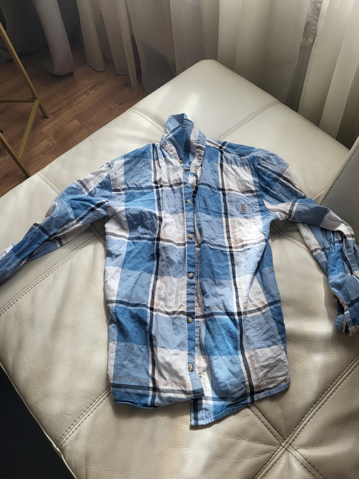 Geruit overhemd in blauw, wit en grijs, Ophalen, Gedragen, Blauw, Onbekend