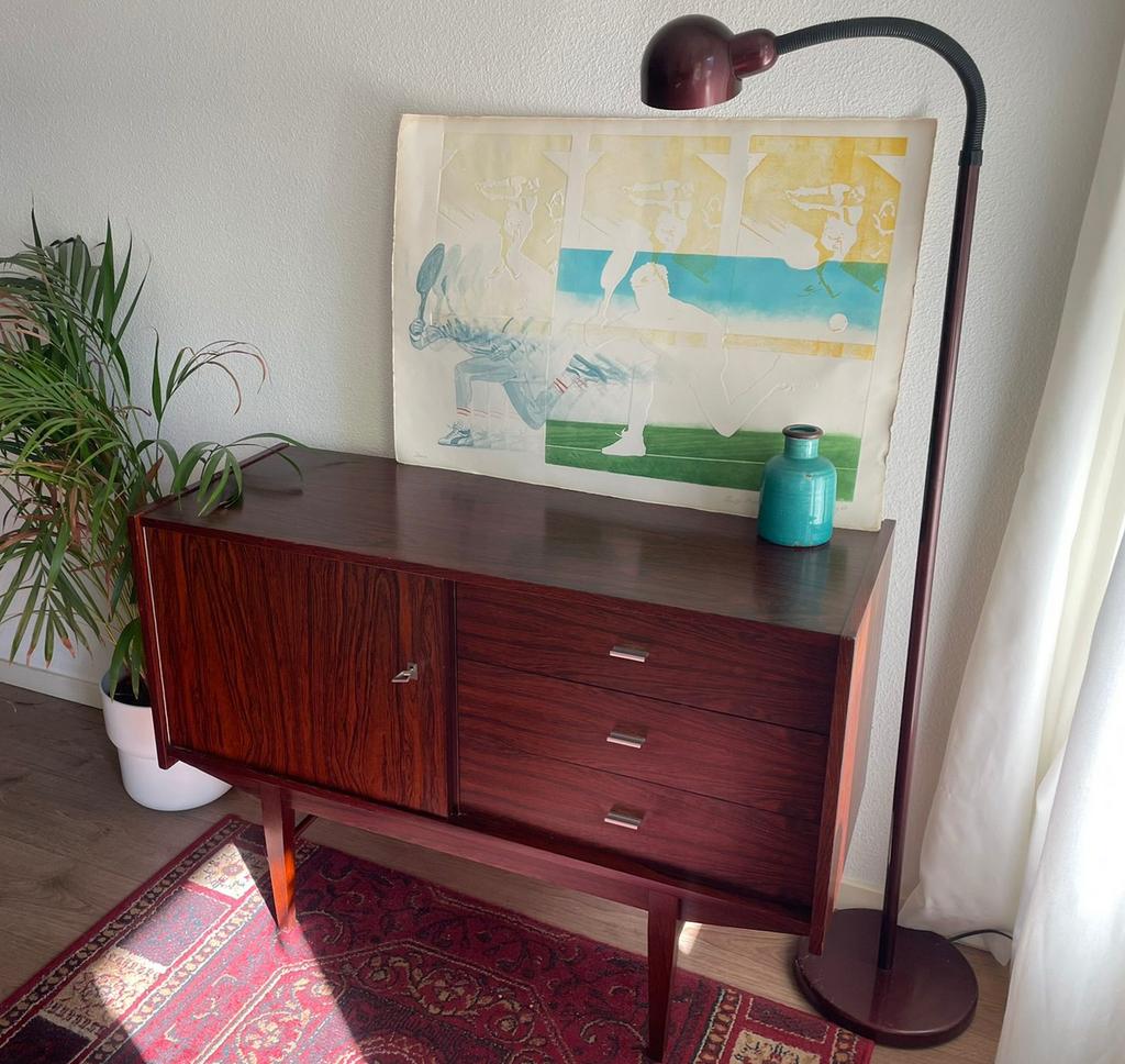Vintage palissander dressoir jaren 60 met laden en deur, Ophalen, Gebruikt, 25 tot 50 cm, Overige houtsoorten