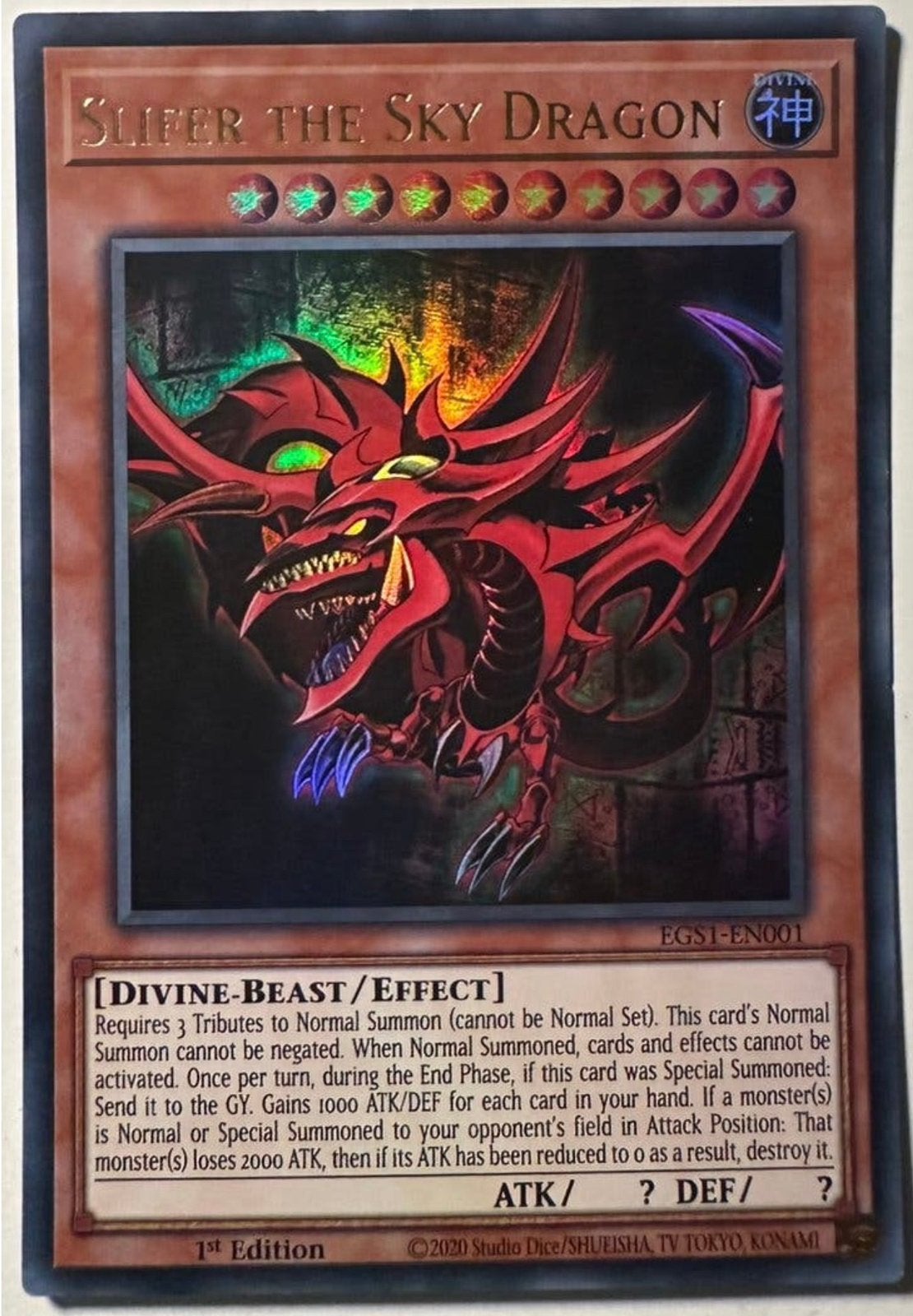 Yu-Gi-Oh! Slifer the Sky Dragon EGS1 1st Edition !, Ophalen of Verzenden, Zo goed als nieuw, Losse kaart, Foil