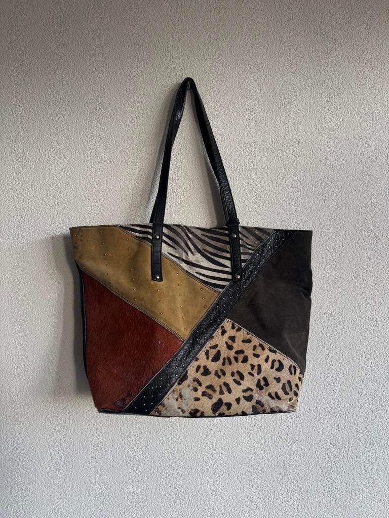 Vintage Y2K echt leren schouder tas met patchwork patroon, Sieraden, Tassen en Uiterlijk, Tassen | Damestassen, Vintage, Gebruikt