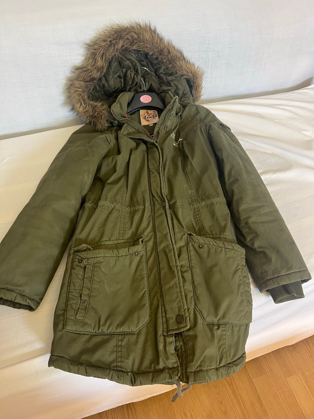 Love legergroene winterjas met bontkraag, maat S, Ophalen, Gedragen, Maat 36 (S), Groen