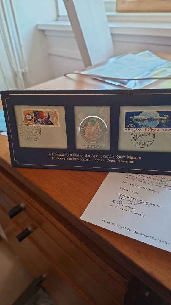 Herdenkingsmunt Apollo Soyuz Space Mission 1975, Setje, Zilver, Euro's, Ophalen of Verzenden