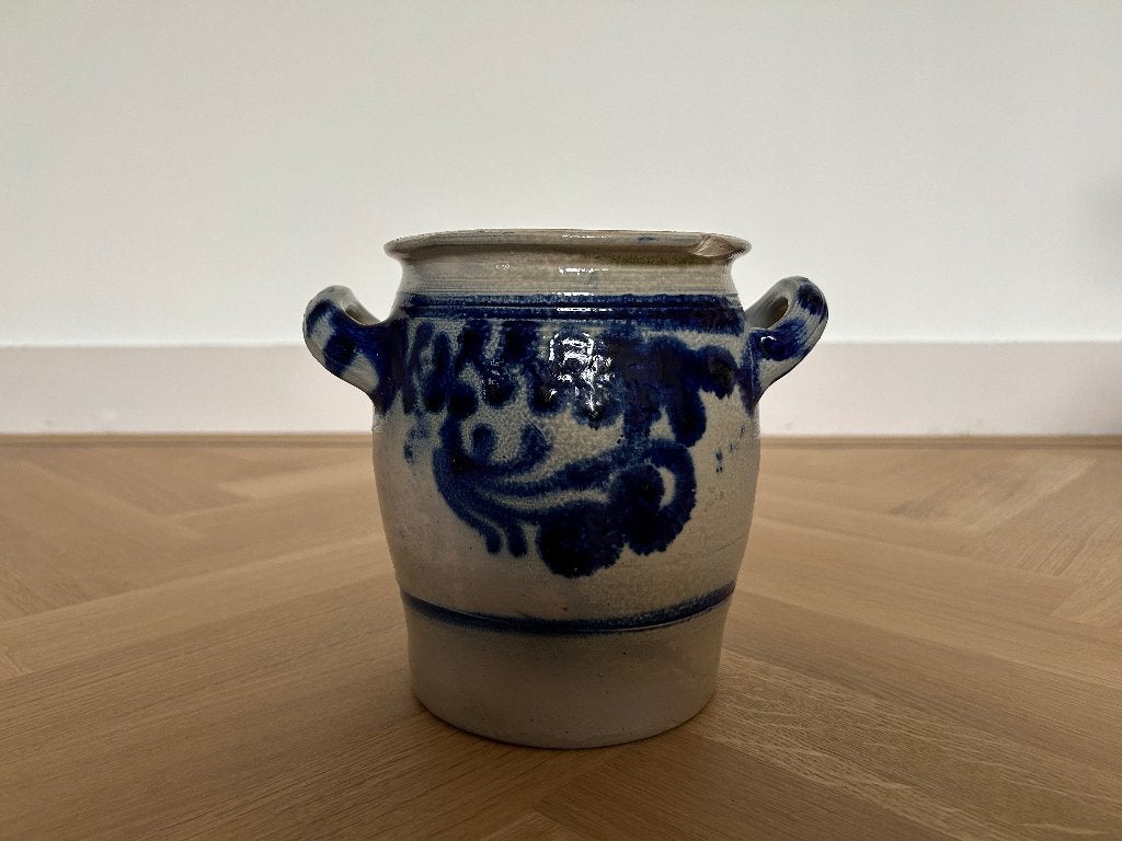 Antieke Keulse pot, grijs/kobaltblauwe versiering, 17 cm h., Ophalen