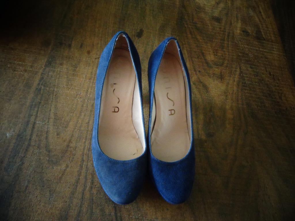 Unisa schoenen/pumps, donkerblauw suede/leer, 37, hak 8 cm, Blauw, Ophalen of Verzenden, Zo goed als nieuw, Schoenen met hoge hakken