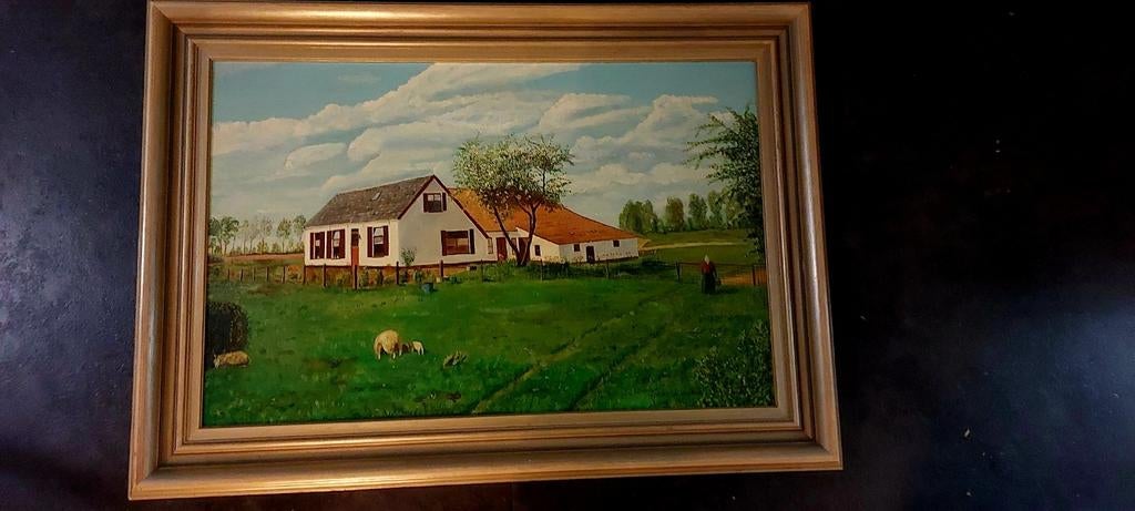 Olieverfschilderij: Boerderij met schapen, Ophalen