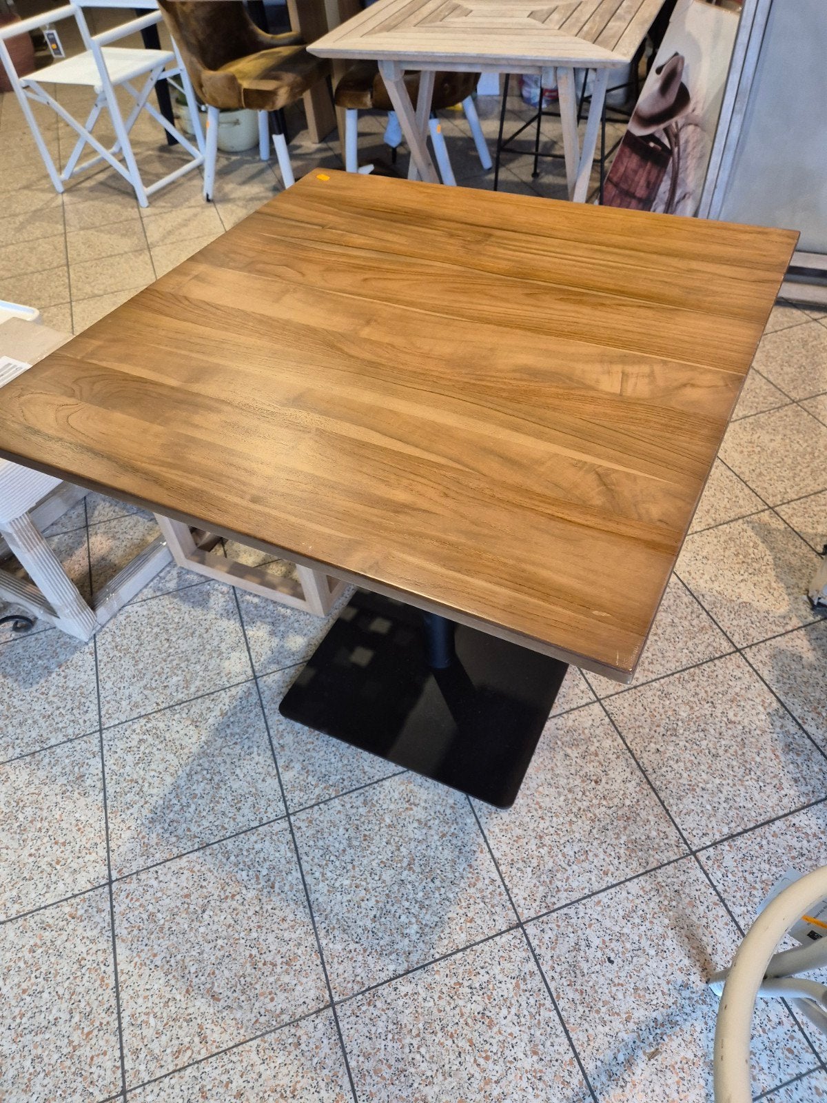 Bistro tafels Stijlvolle Teakhouten met diverse poten, Ophalen, Modern, Industrieel, Vierkant, Nieuw