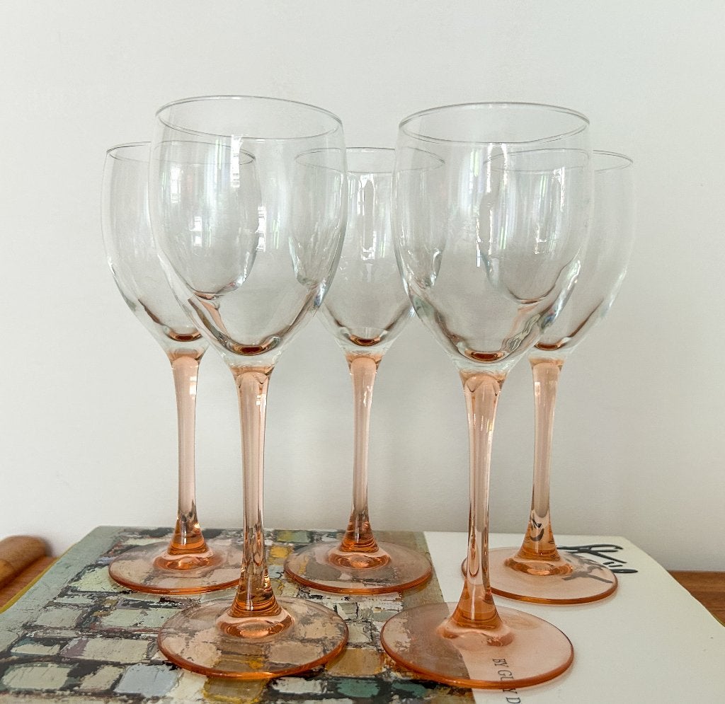 7x vintage wijnglazen luminarc france roze steel, Ophalen of Verzenden, Zo goed als nieuw, Overige typen
