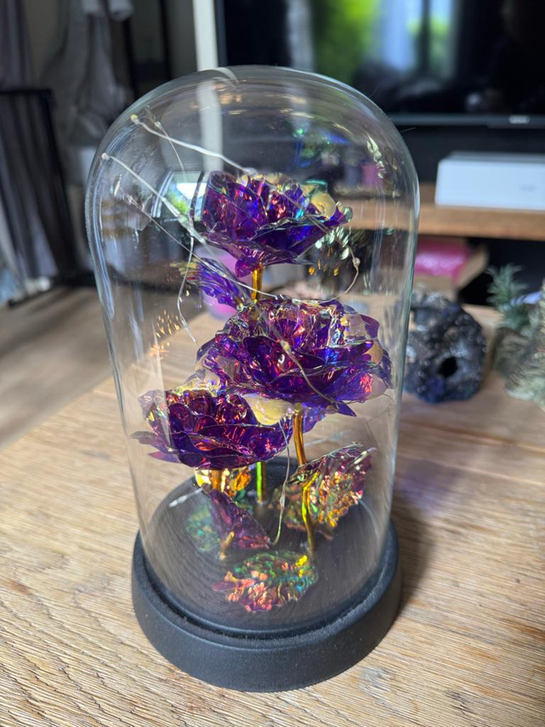 Stolp met paarse gouden rozen en lichtjes, Huis en Inrichting, Woonaccessoires | Stolpen, Ophalen of Verzenden, Zo goed als nieuw