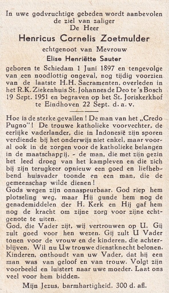 Zoetmulder Henricus 1897 Schiedam 1951 Den Bosch ongeval, Ophalen of Verzenden, Bidprentje