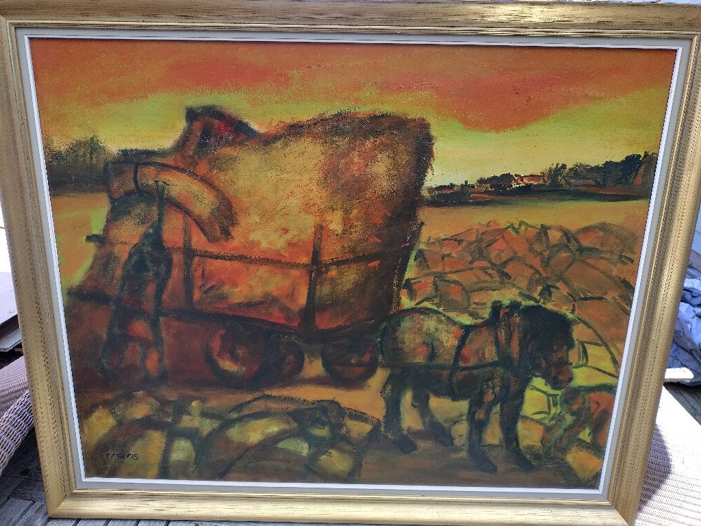 Modern expressionistisch schilderij Hooikar met paard, Crans, Handgeschilderd, Olieverf, Overige materialen, Landschap
