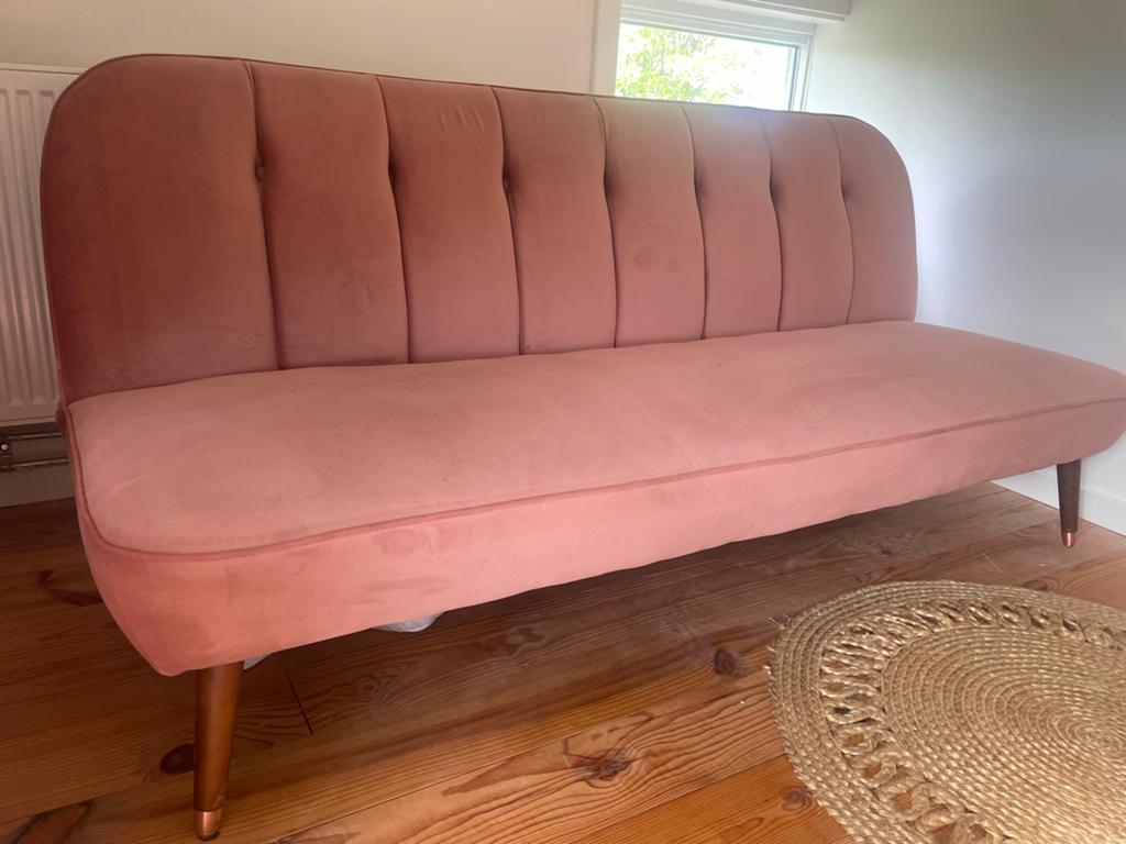 MADE Roze fluwelen bank - slaapbank, Ophalen, 150 tot 200 cm, Tweepersoons, 75 tot 100 cm