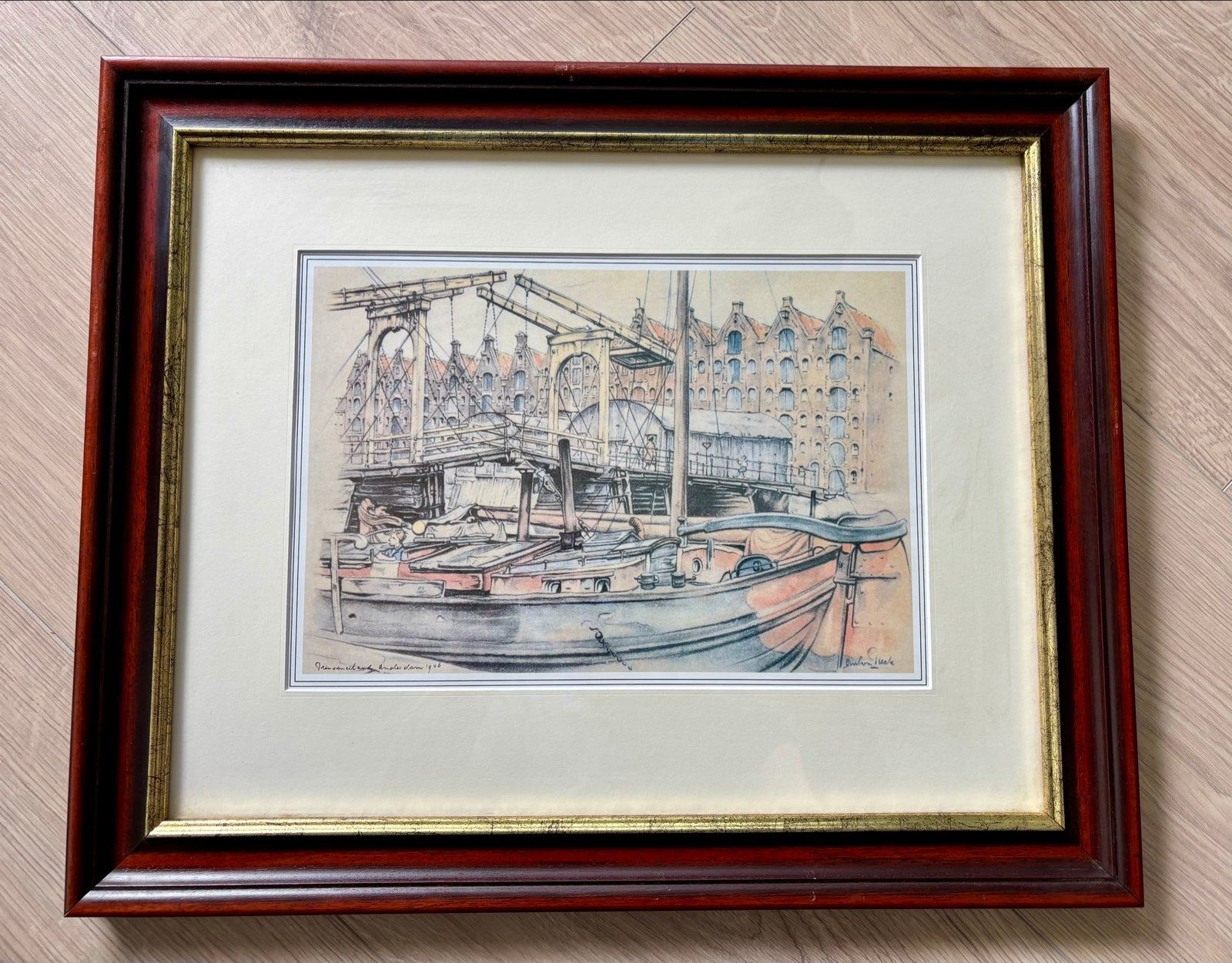 Ingelijste prent van Anton Pieck - Amsterdam, 54 cm, 44 cm, Ingelijst, Ophalen of Verzenden