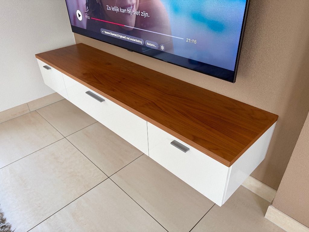 Interstar -TV-meubel wit met notenhouten blad–zwevend–180 cm, Huis en Inrichting, Ophalen, Zo goed als nieuw, 25 tot 50 cm, 150 tot 200 cm