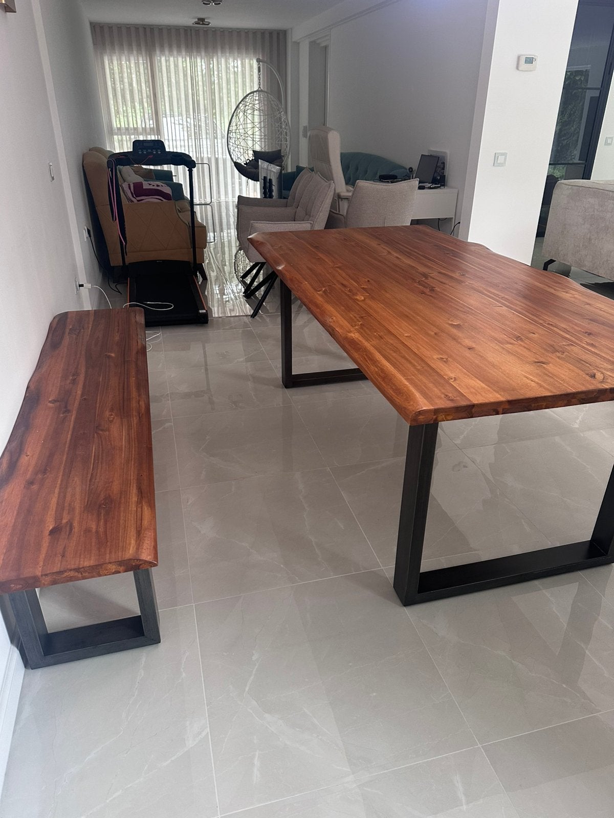 Modern massief acacia hout eettafel met bankje te koop, Ophalen, 50 tot 100 cm, Zo goed als nieuw, 150 tot 200 cm