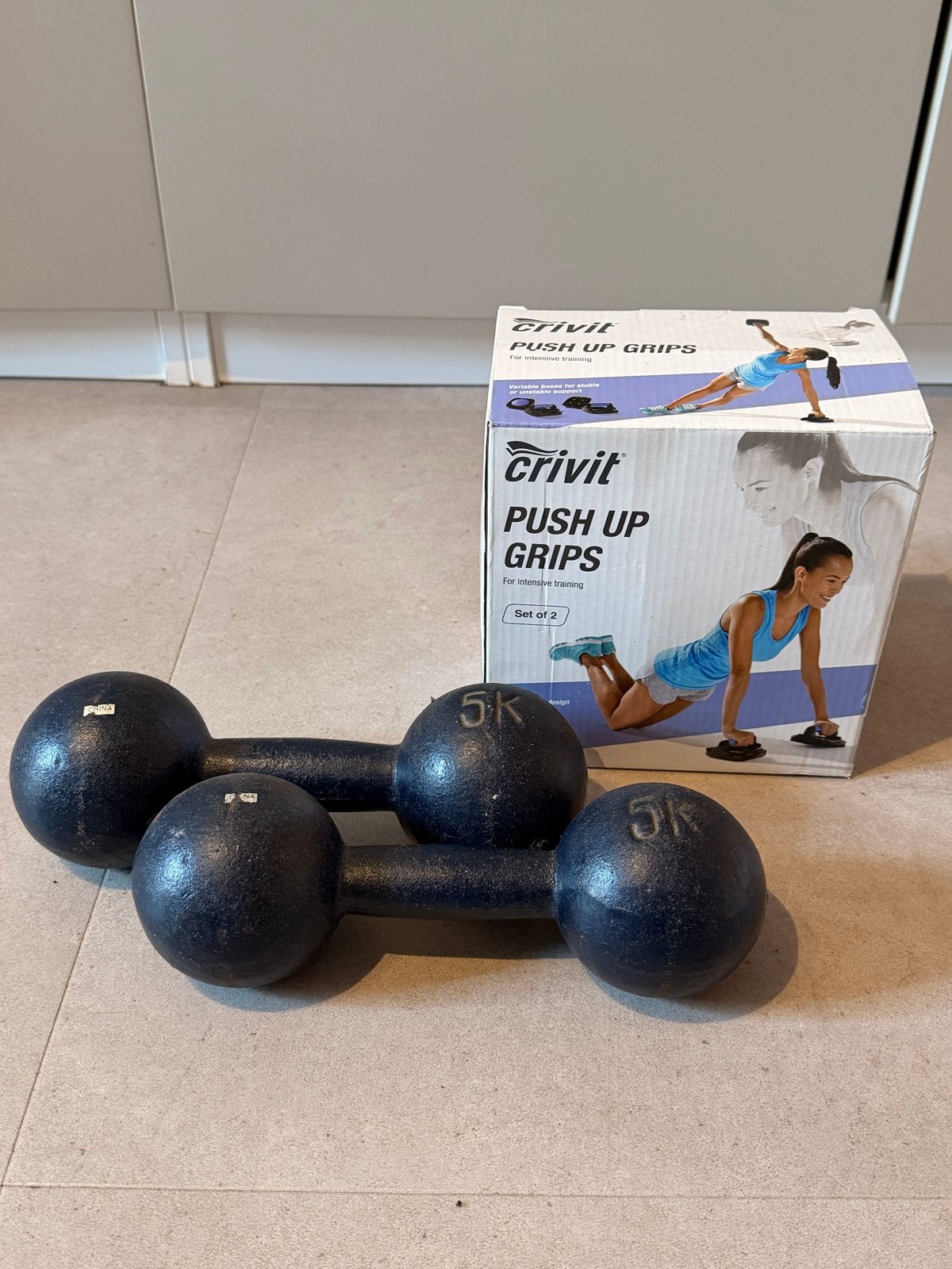 Crivit Push Up Grips & 5KG Dumbbells Set, Ophalen, Zo goed als nieuw, Armen, Push-up steun