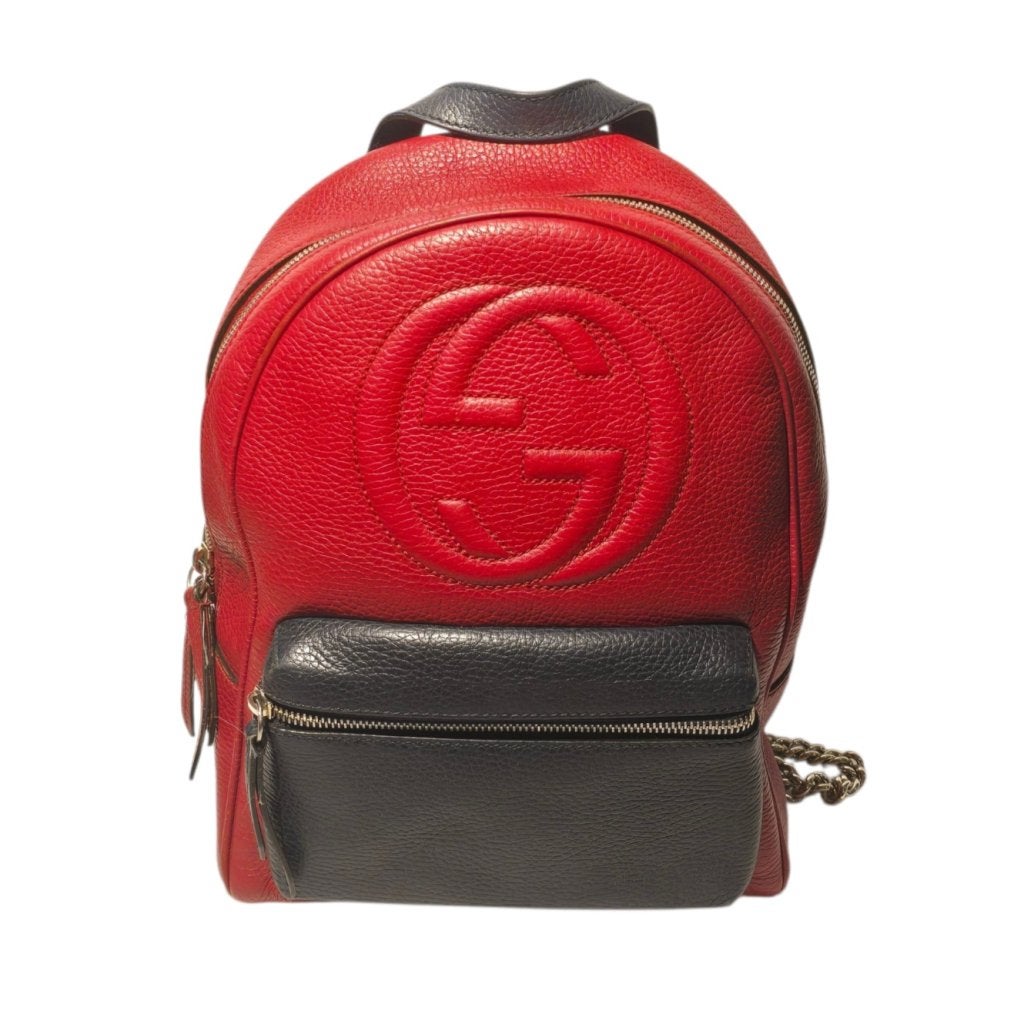 Gucci Pebbled Calfskin Backpack Chain Red/Black, Gucci, Gebruikt, Support@gucci.com, 30 Avenue Montaigne
75008 Paris