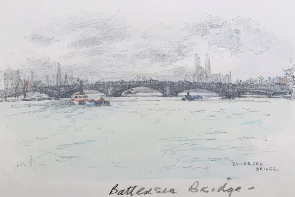 Battersea Bridge Londen ca 1920 gesigneerde litho, Ophalen of Verzenden