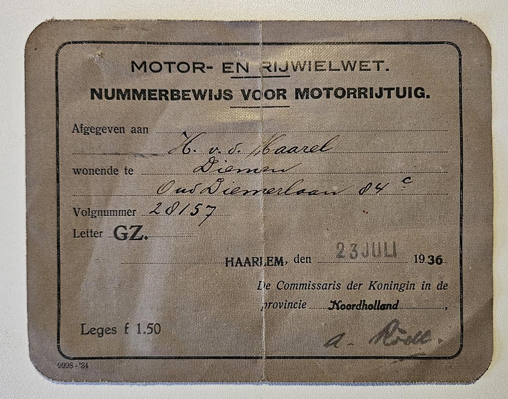 Nummerbewijs voor motorrijtuig uit 1936, Ophalen of Verzenden