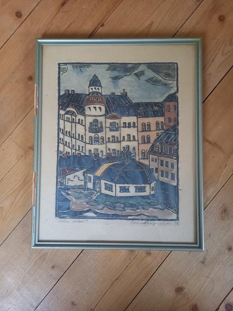 Zweedse houtsnede Södra Liden Werna Schagerström (1937), Antiek en Kunst, Kunst | Etsen en Gravures, Houtsnede, Gesigneerd, Ingelijst