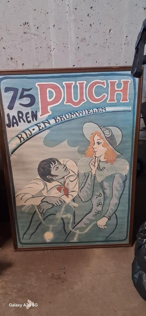 Vintage Puch 75 Jaar Fietsen Bromfietsen Poster, Ophalen, Met lijst, A1 t/m A3, Reclame