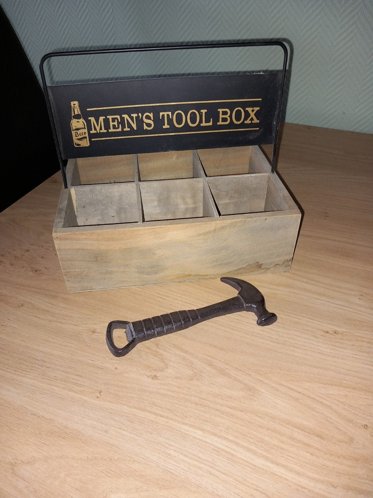 Houten 'Men's Tool Box' met flesopener hamer, Hout, Gebruikt, Ophalen of Verzenden, Bruin