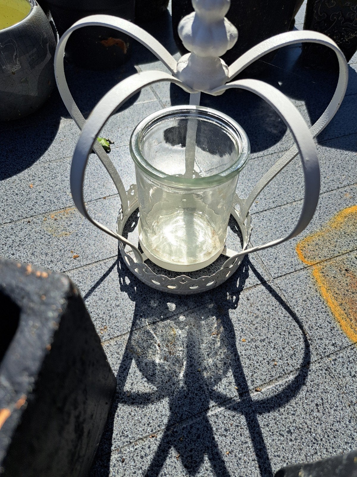 Wit kroon windlicht met glazen houder, Windlicht, Gebruikt, Ophalen of Verzenden, Metaal
