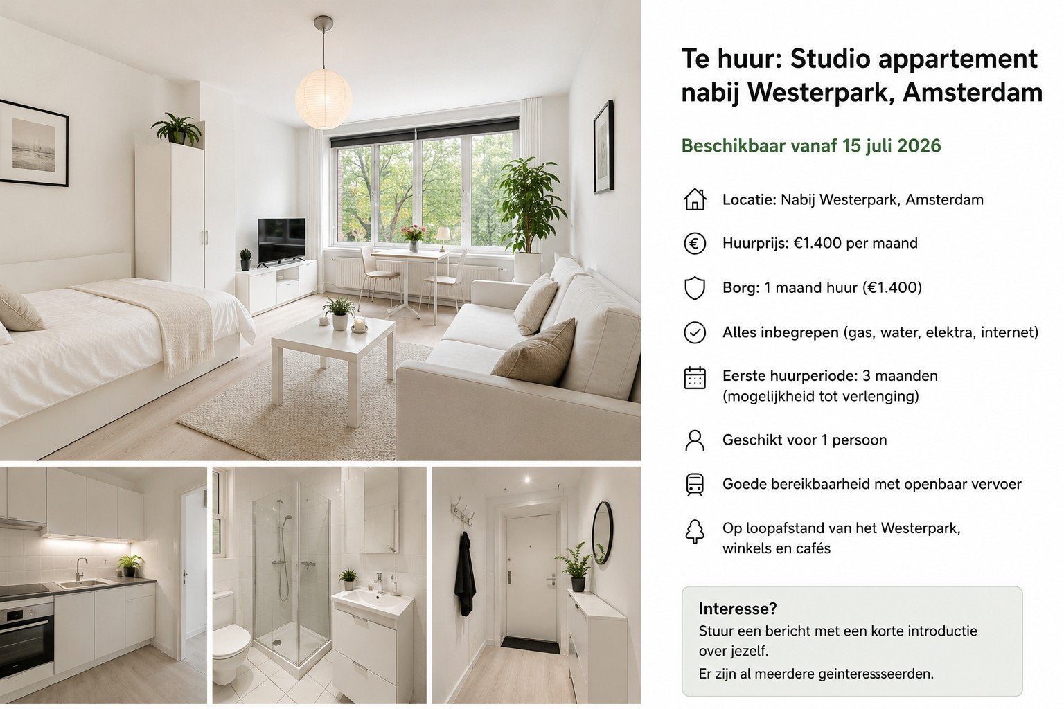 Te huur – Studio appartement nabij Westerpark, Amsterdam
