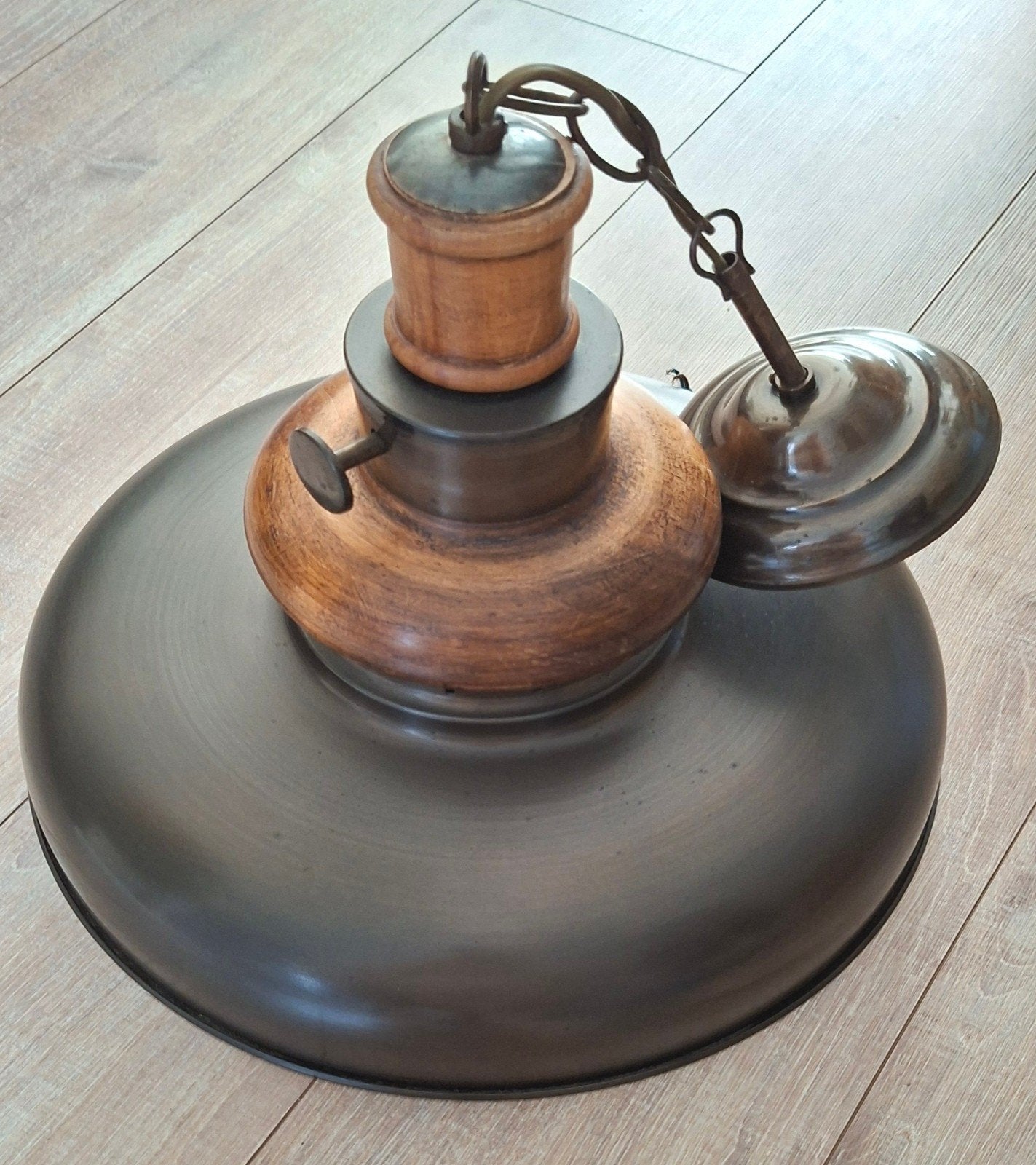 Stoere hanglamp, Ophalen of Verzenden, Zo goed als nieuw, Hout, Vintage, Industrieel, Landelijk, Stoer & Sober