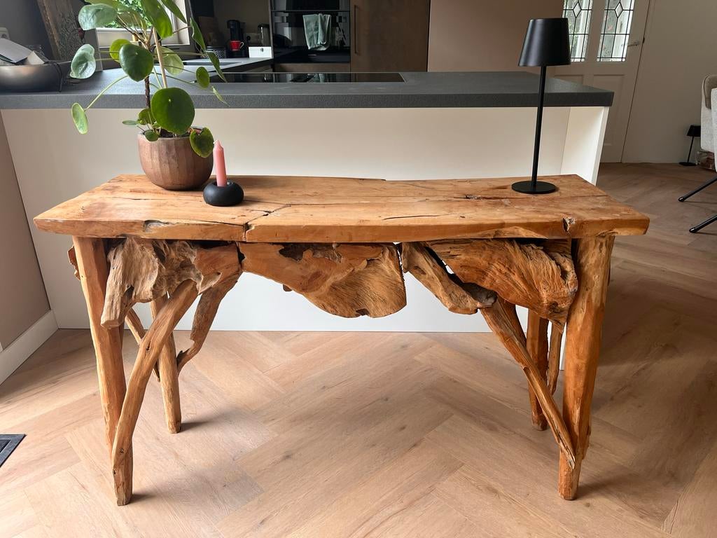 Handgemaakte organische side table  - wortelhout/teak, Ophalen, 100 tot 150 cm, Japandi, organisch, wabi sabi, Teakhout