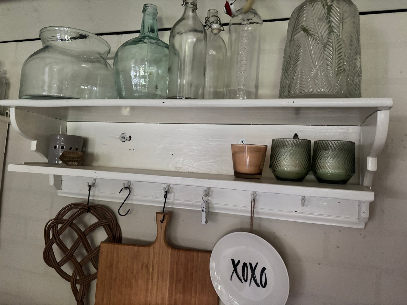 Witte houten wandrek met kapstokhaken, Wandkapstok, Gebruikt, Ophalen of Verzenden, Minder dan 100 cm