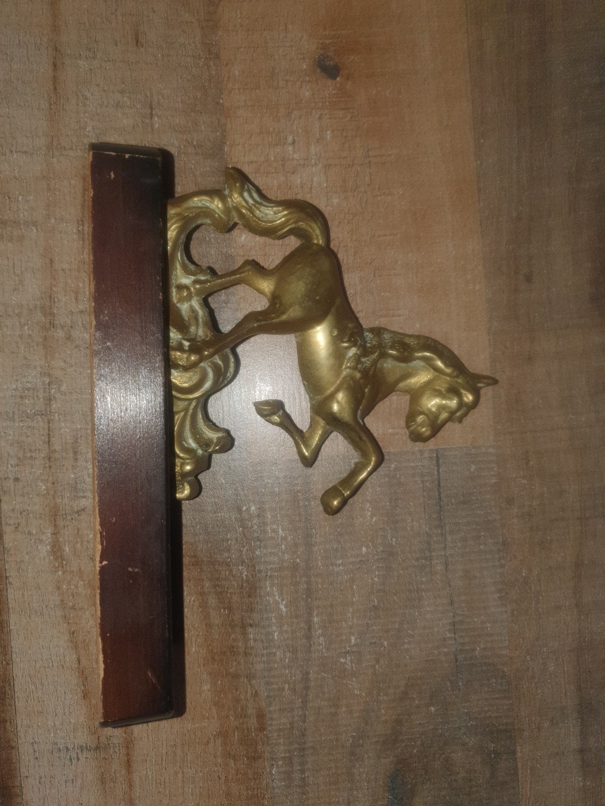 Vintage Messing Paard Wanddecoratie op Houten Plaat, Ophalen