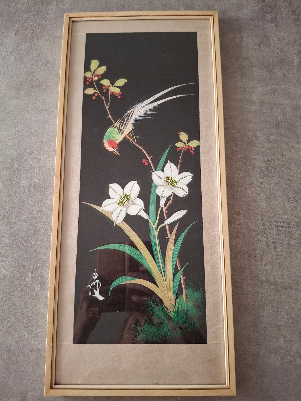 Decoratief Chinees schilderij met vogel en bloemen, Ophalen of Verzenden