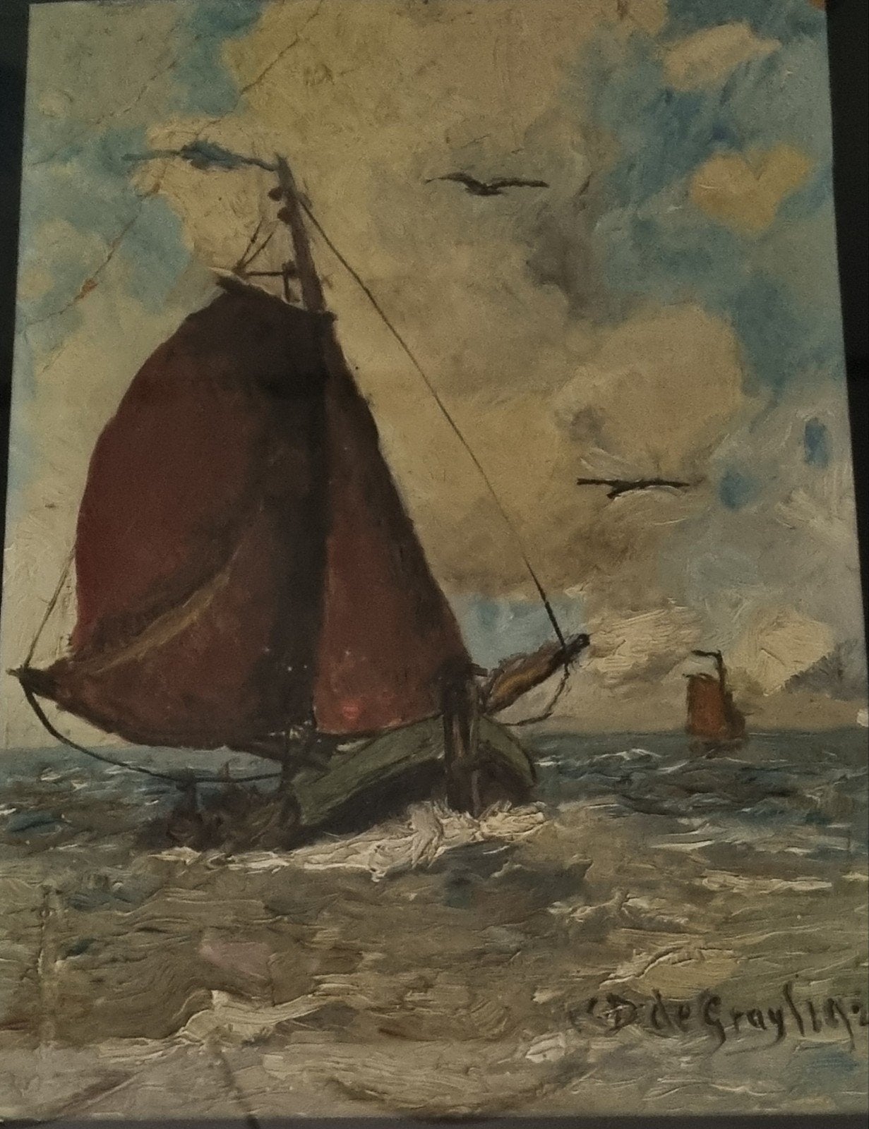 Olieverfschilderij van C. de Gray: Zeilschip op woelige zee, Maritiem / water, Verzenden, Realistisch, Overige ondergronden