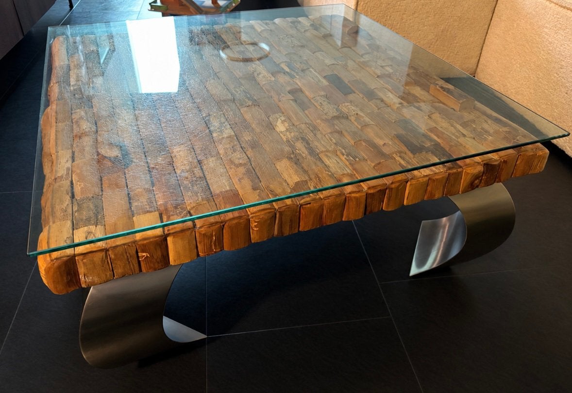 T.e.a.b. Salontafel + eettafel hout met glasplaat (krasjes), Ophalen, 100 tot 150 cm, 50 tot 100 cm, Rechthoekig
