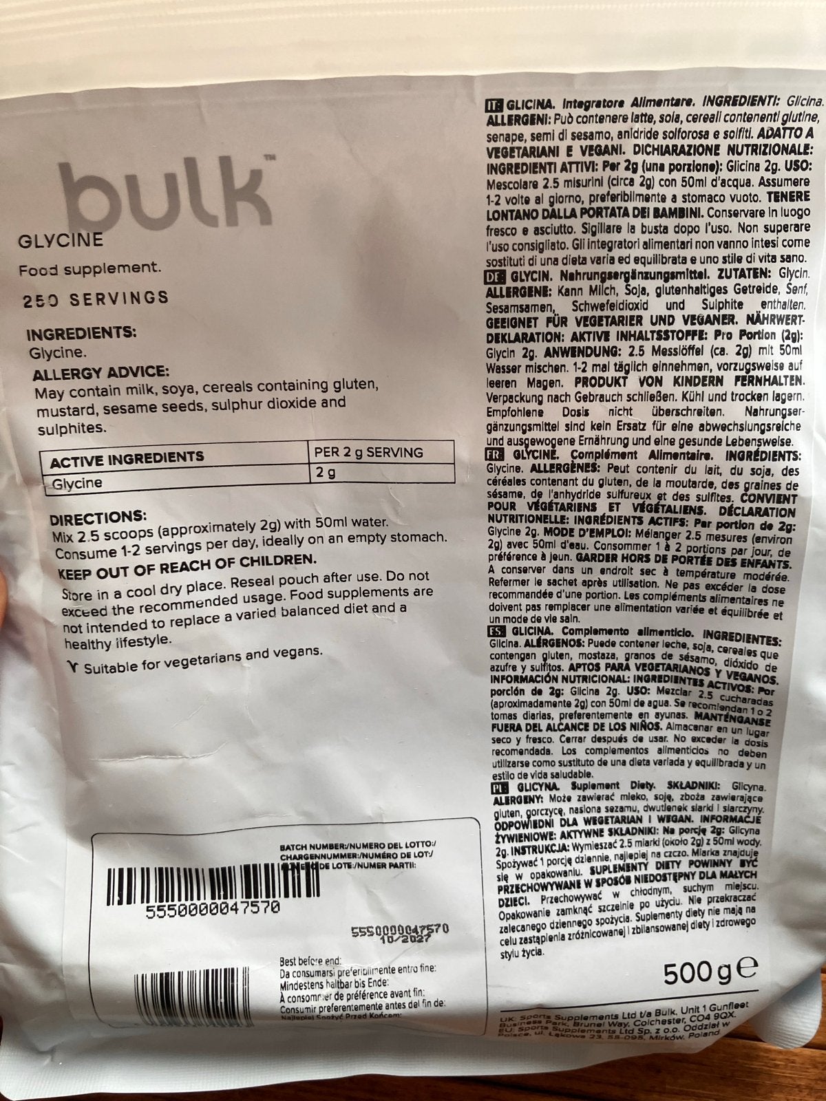 Bulk Glycine Poeder - 500 gram (Nieuw & Geseald), Ophalen of Verzenden, Nieuw, Poeder of Drank