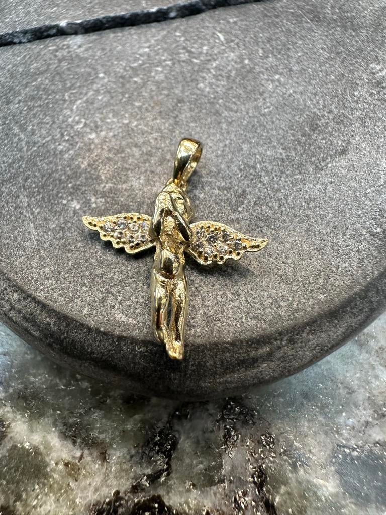 14k Gouden Engel Hanger met Zirkonia, Overige voorstellingen, Nieuw, Ophalen of Verzenden, Goud