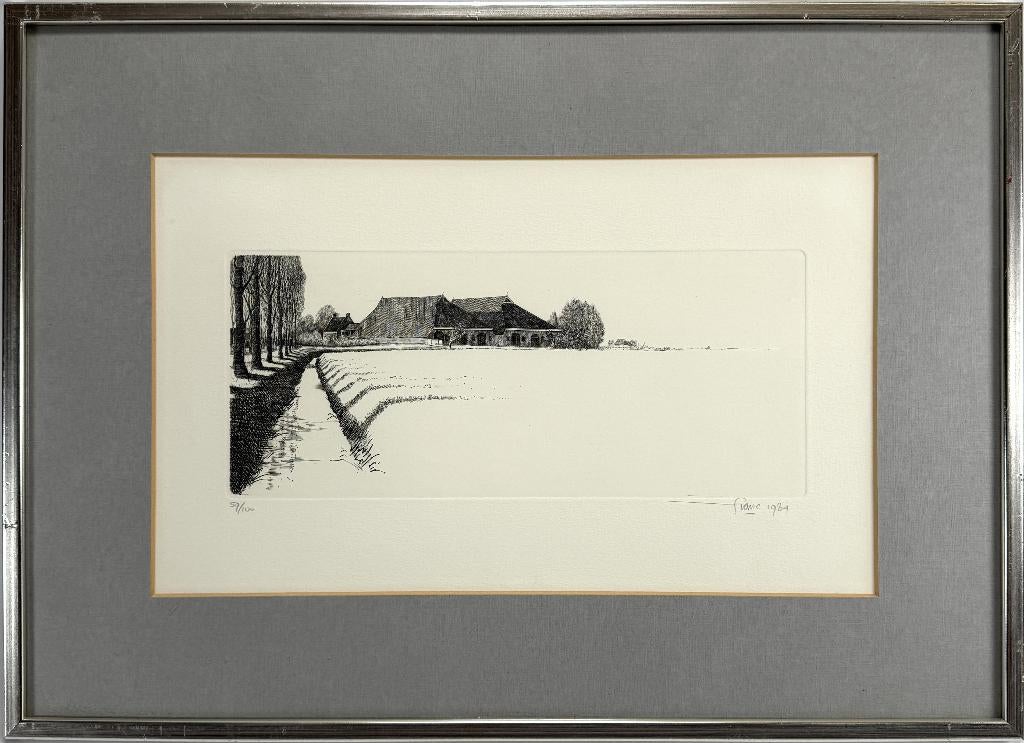 231. Ets, Franc van Oort - polderlandschap, 1984, Ophalen of Verzenden