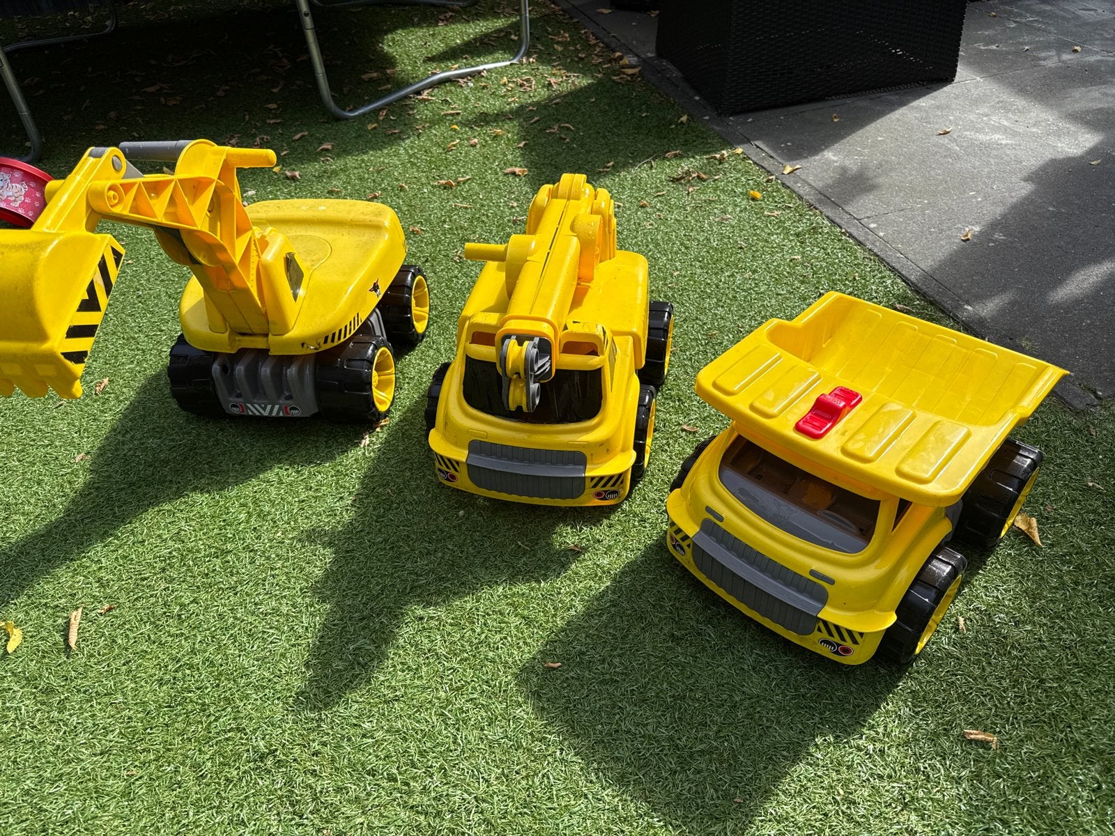 Grote gele speelgoedvoertuigen set (graafmachine, kraan, kie, Ophalen, Gebruikt
