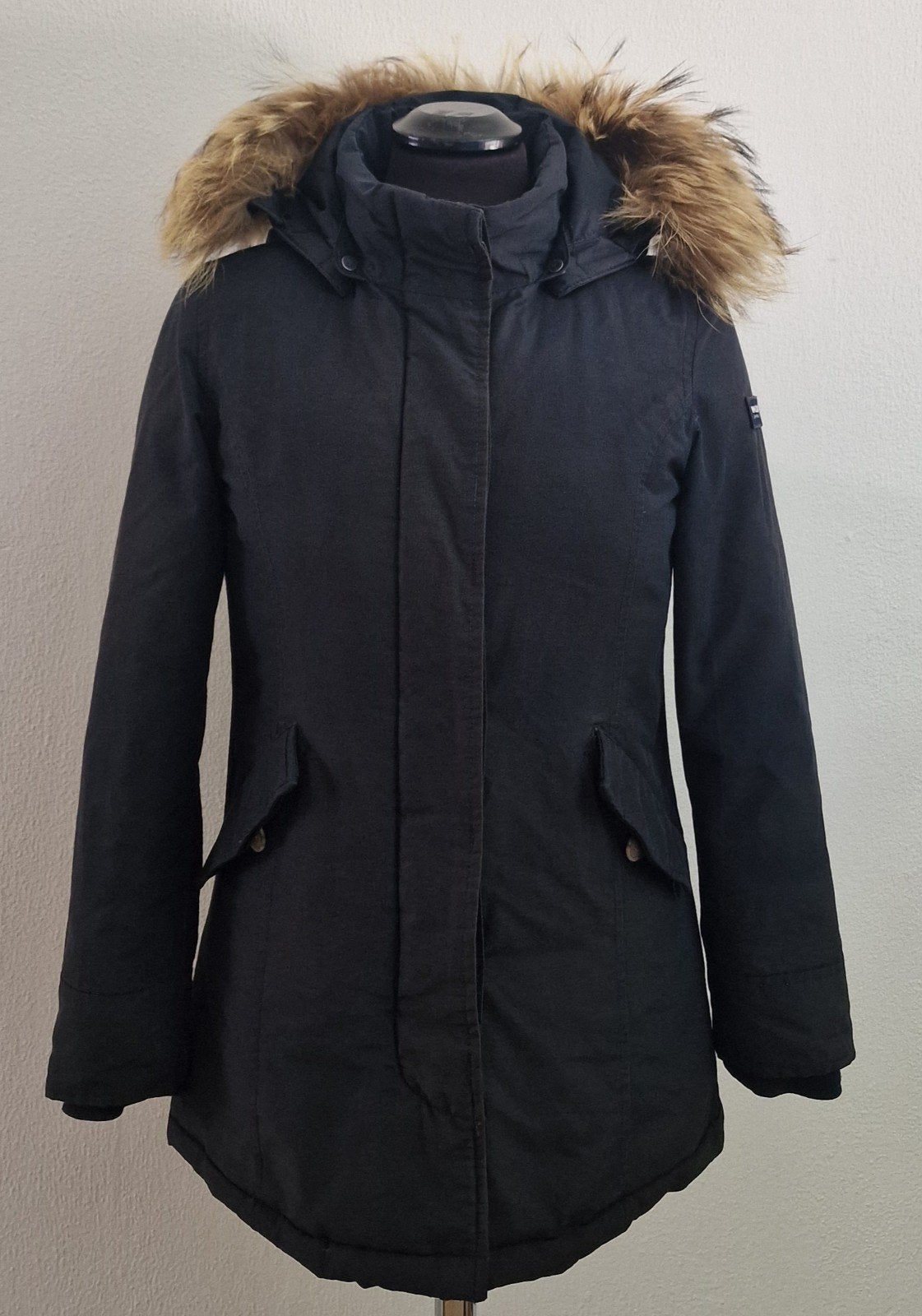 Woolrich winterjas met bontkraag - Maat 12 (xs), Ophalen, Zwart, Woolrich, Maat 34 (XS) of kleiner