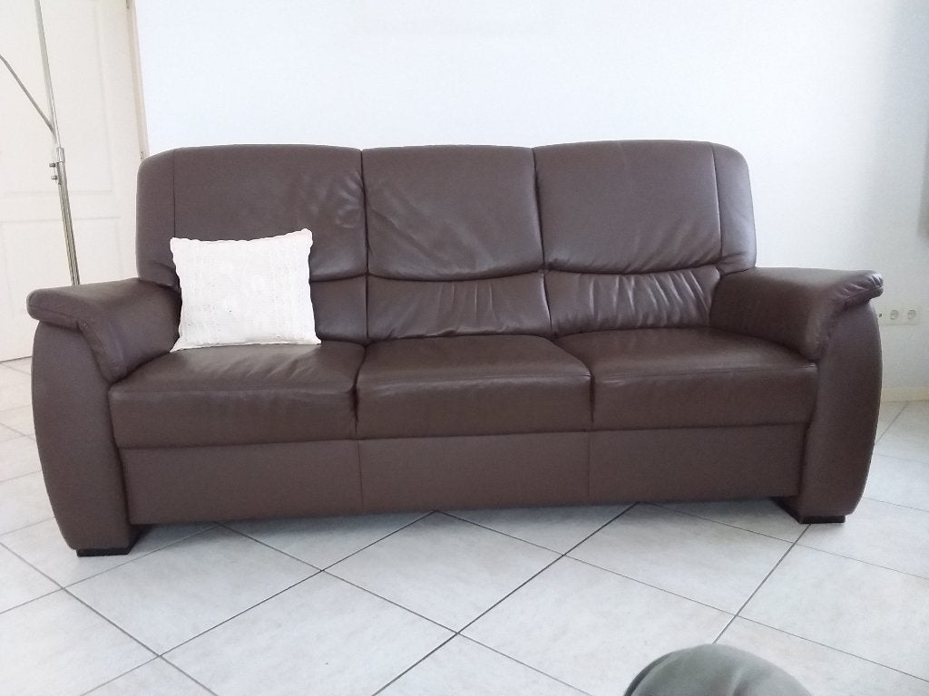3-zits bank en fauteuil in grijsbruin, Ophalen, Gebruikt, Driepersoons, Rechte bank