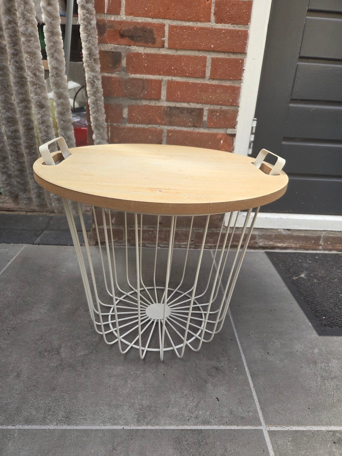 Opbergmand / bijzettafel met houten blad, Ophalen, Gebruikt, Rond, Hout