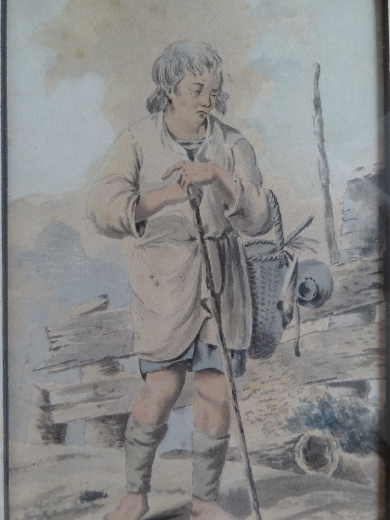 aquarel van een marskramer met wandelstok, ongesign 1825, Antiek en Kunst, Kunst | Schilderijen | Klassiek, Portret of Personen
