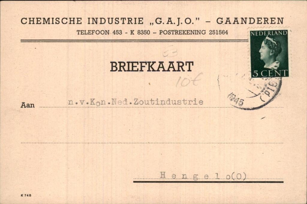 Gaanderen - Chemische Industrie - G.A.J.O., Ophalen of Verzenden, 1940 tot 1960, Gelopen, Gelderland