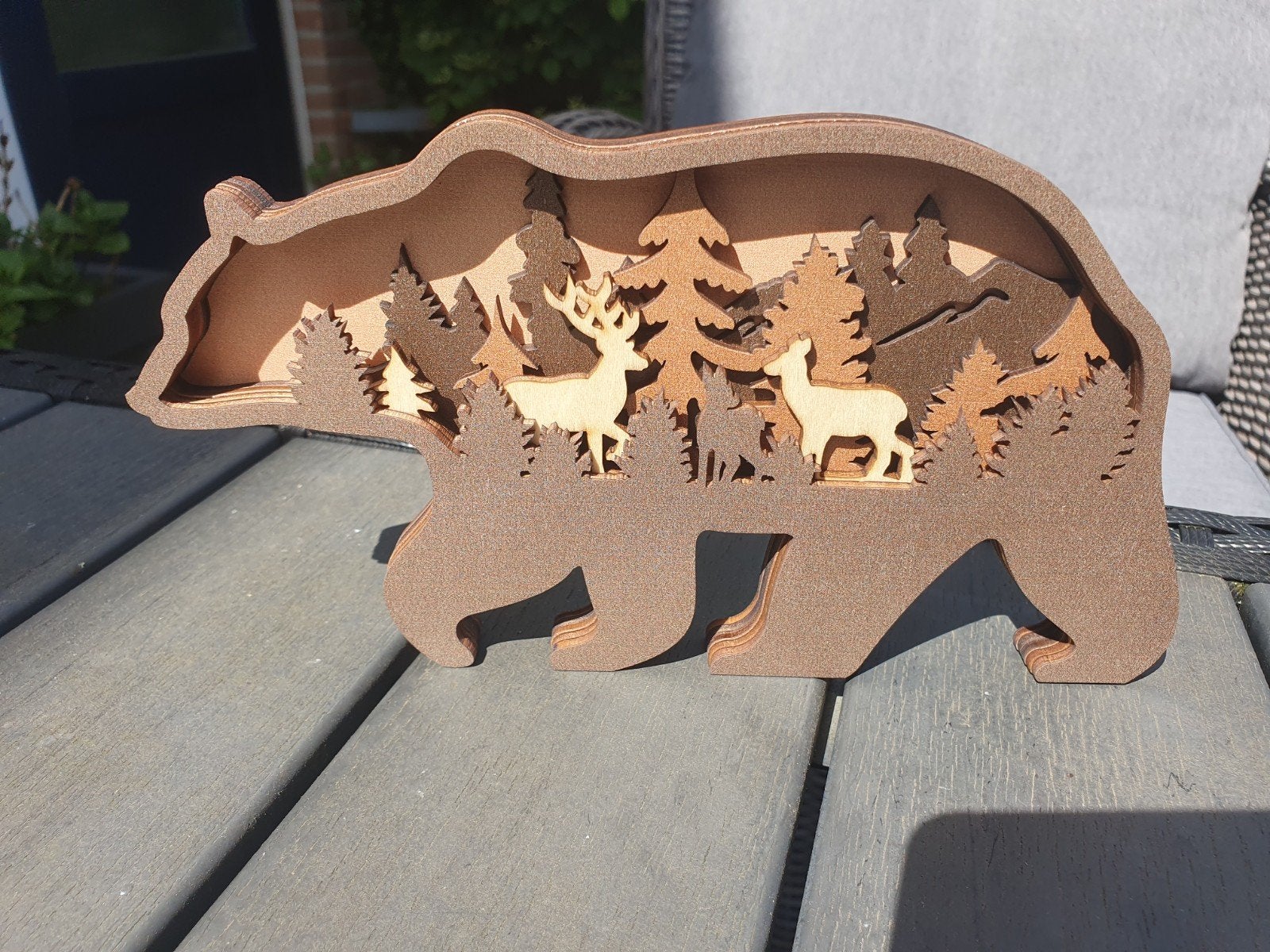 Houten 3D Beeld Beer met Bosdieren - Unieke Decoratie, Hout, Nieuw, Ophalen of Verzenden, Landelijk