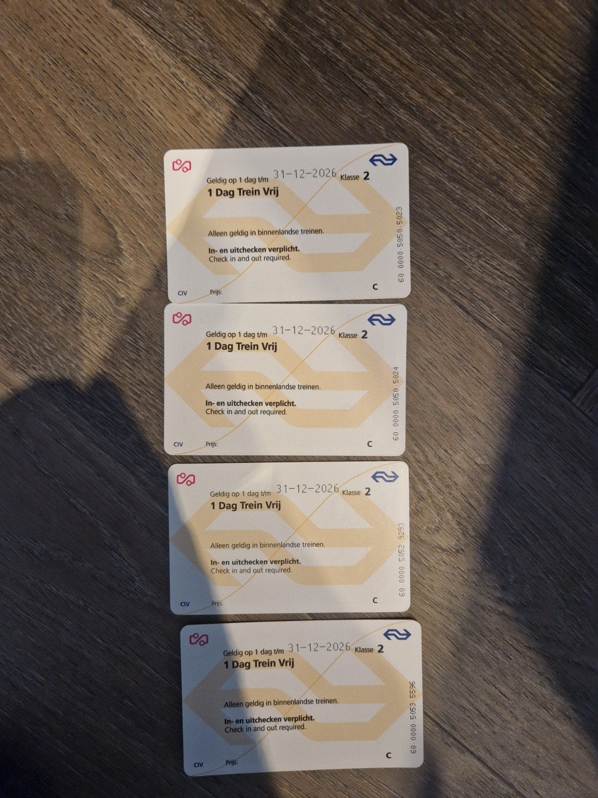 NS dagkaarten 2e klas onbeperkt reizen 39 euro p/stuk., Tickets en Kaartjes, Eén persoon, Trein, Algemeen kaartje
