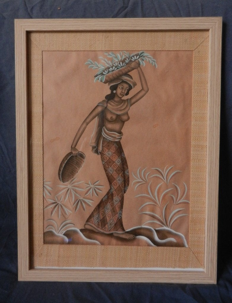 Aquarel Lopende dame met manden Bali Indonesie hxb 32x24 cm, Ophalen of Verzenden, Tekening, Aquarel, Handgemaakt